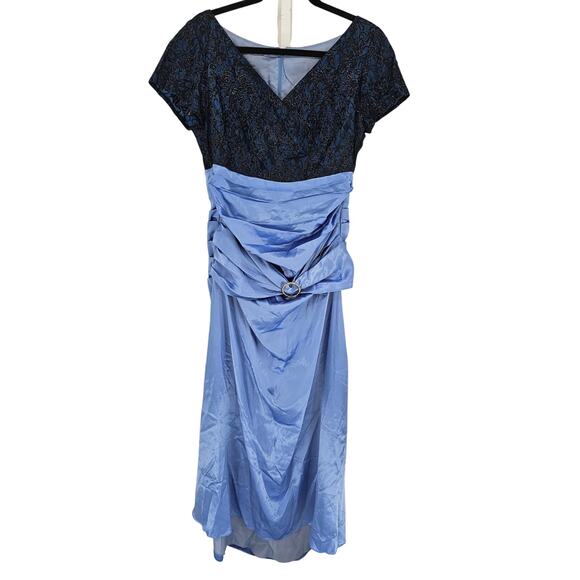 Women's Blue & Black Floral Beaded Ruched V-Neck Fit & Flare Prom Dress Size L - Picture 1 of 4